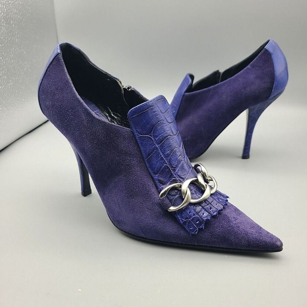 CASADEI High Heel Shoes Pointy Toe Purple Suede Chain Zip Bootie Women Sz 6.5